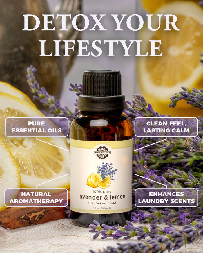 Rustic Strength - Essential Oil Blend | 1oz Amber Glass Vial | Lavender & Lemon surrounded by fresh lavender and lemon slices, with the headline "Detox Your Lifestyle." Callouts read: pure essential oils, clean feel, lasting calm, natural aromatherapy, and enhances laundry scents.
