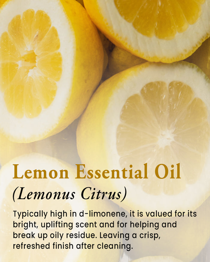 Rustic Strength - Close-up of sliced lemons with the following text: Lemon Essential Oil (Lemonus Citrus) Typically high in d-limonene, it is valued for its bright, uplifting scent and for helping and break up oily residue. Leaving a crisp, refreshed finish after cleaning.