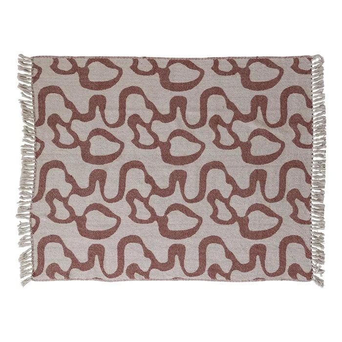 Woven Recycled Cotton Blend Jacquard Throw w/ Abstract Pattern & Fringe, Natural & Red/Brown