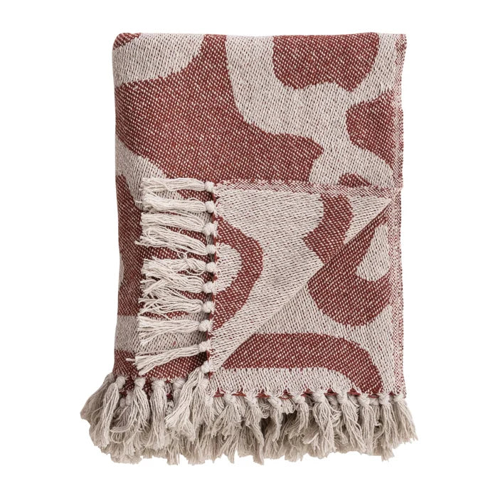 Woven Recycled Cotton Blend Jacquard Throw w/ Abstract Pattern & Fringe, Natural & Red/Brown