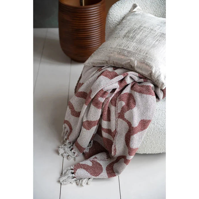 Woven Recycled Cotton Blend Jacquard Throw w/ Abstract Pattern & Fringe, Natural & Red/Brown