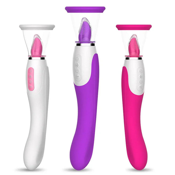 Three silicone suction vibrators with control buttons in white, purple, and pink colors