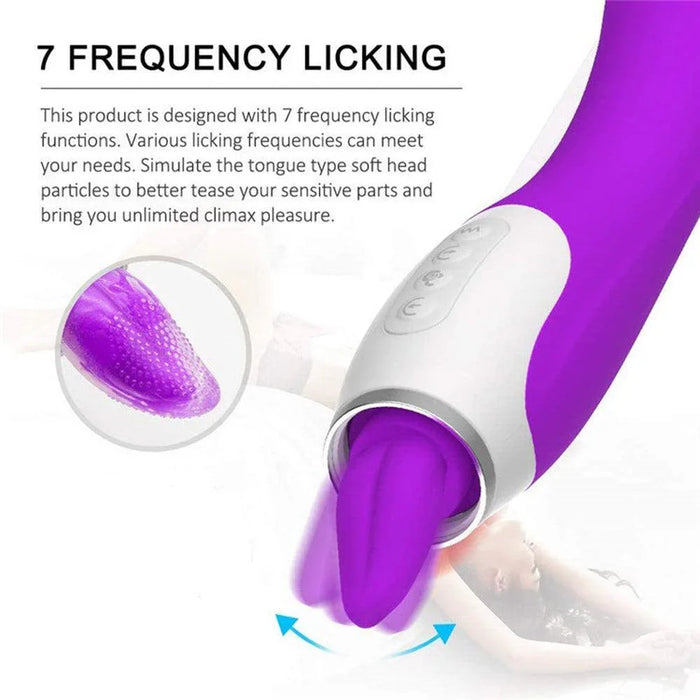 Purple silicone adult toy with curved shape and soft textured tip, featuring 7 frequency settings.