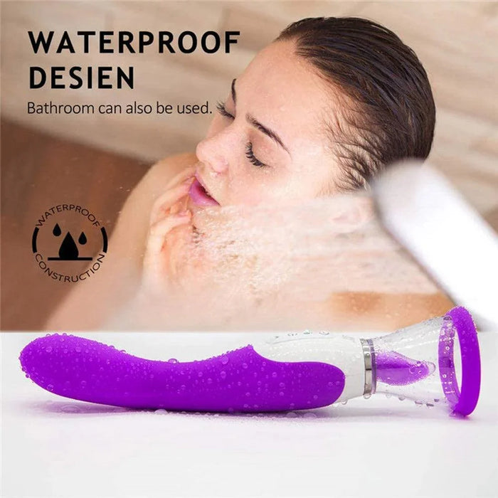Purple waterproof adult toy with textured surface and suction cup, shown in a wet bathroom setting.