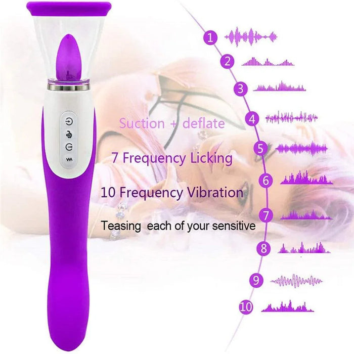 Purple silicone multi-function personal massager with suction and vibration settings, displayed with control buttons and frequency modes.