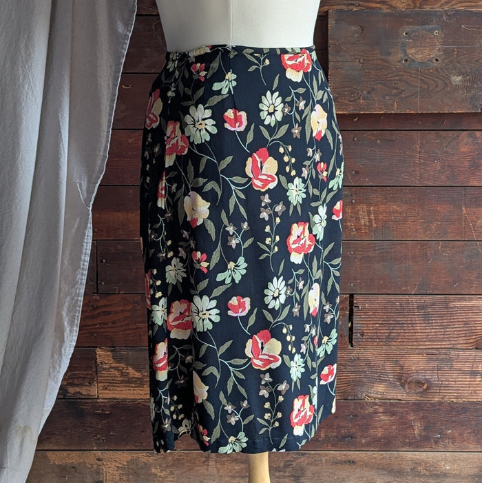Y2K Vintage Black Floral Rayon Skirt